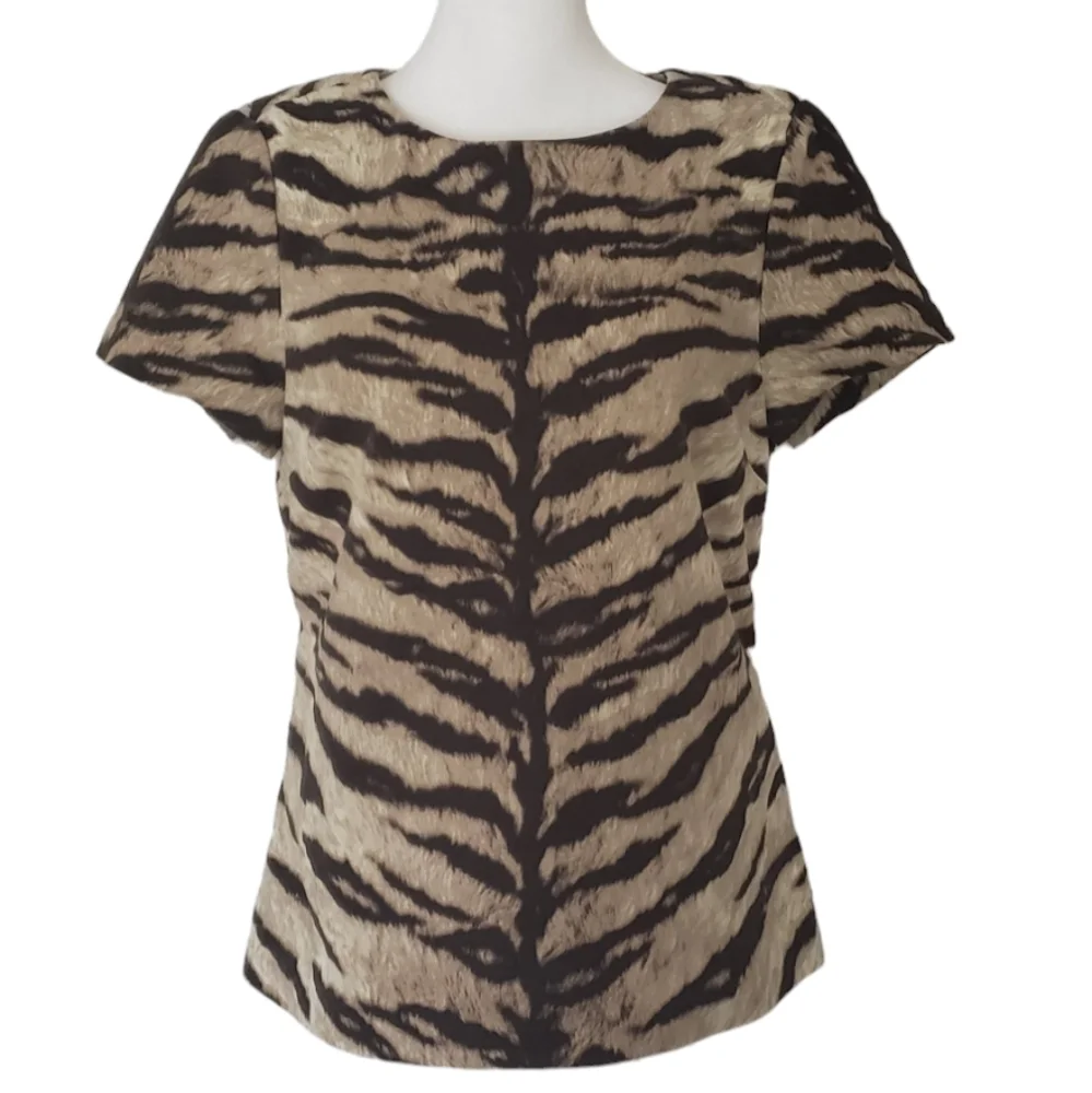 Michael Kors Women's Brown Tan Tiger Print Bluse Short Sleeves Size M - Picture 1 of 13